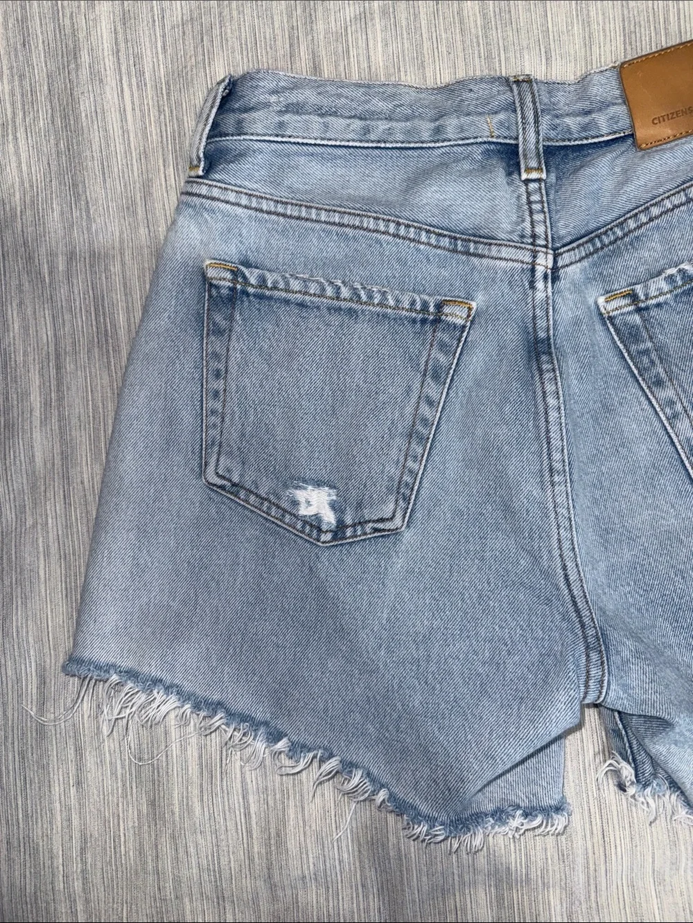 Citizens Of Humanity Annabelle Long Light Blue Distressed Denim Cutoff Shorts